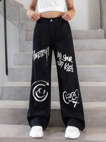 Tween Girls Y2K Style Black Jeans With Letter Graffiti Print, Fashionable Street Style Elements, Simple Black Washed Loose Straight Leg Denim Pants - Black - View 5
