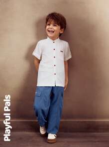 SHEIN 1 pieza Pantalones rectos con bolsillo lateral para niños pequeños, pantalones de color liso casual aptos para cualquier ocasión, básicos y lindos/vintage/casuales para la escuela y exteriores, atuendos de primavera/verano - Azul - Ver 3