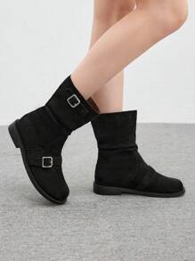 CUCCOO BIZCHIC Botas negro de media pantorrilla con detalles de botones rizado, botas de mujer estilo caballero, plataforma de tacón plano de tacón grueso, botas de motociclista