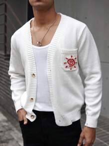 Manfinity CasualKnits Men's Front Button Up Long Sleeve Shirt With Pocket Detail, Minimalist Design - White - View 6