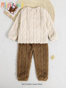 2pcs Young Boy Cable Knit Plush Hem & Cuff Drawstring Squirrel Pattern Long Sleeve Top And Pants Pajamas Set - Multicolor - View 2