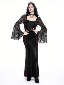 ROMWE Goth Vestido entallado con mangas acampanadas de encaje en negro y rojo, estilo gótico vintage, para mujeres, para Año Nuevo - Negro - Ver 1