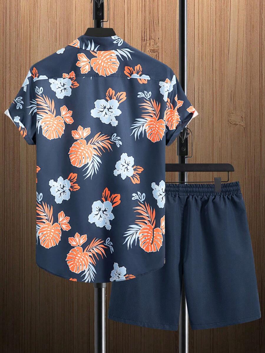 Manfinity RSRT Set casual de 2 piezas de camisa de manga corta y pantalones cortos con estampado de plantas tropicales para hombre, ideal para vacaciones