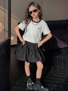 DAZY 2pcs/Set Tween Girl Round Neck Short Sleeve Allover Print Simple Top And Skirt Outfit,Girls Summer Outfits,Back To School Clothes - White - View 4