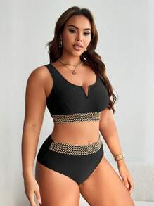 SHEIN Swim Curve Plus Size Women's Bikini Set With V-Shape Decoration Strap Splicing Summer