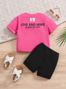 SHEIN Sommer Set für Babymädchen, bestehend aus süßem gestricktem T-Shirt mit rosa Buchstabendruck und Shorts mit elastischem Bund
