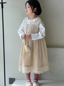 DAZY 2pcs/Set Young Girl Girls Round Neck Long Sleeve Woven Shirt + Jumper Dress, Spring/Summer - Beige - View 2