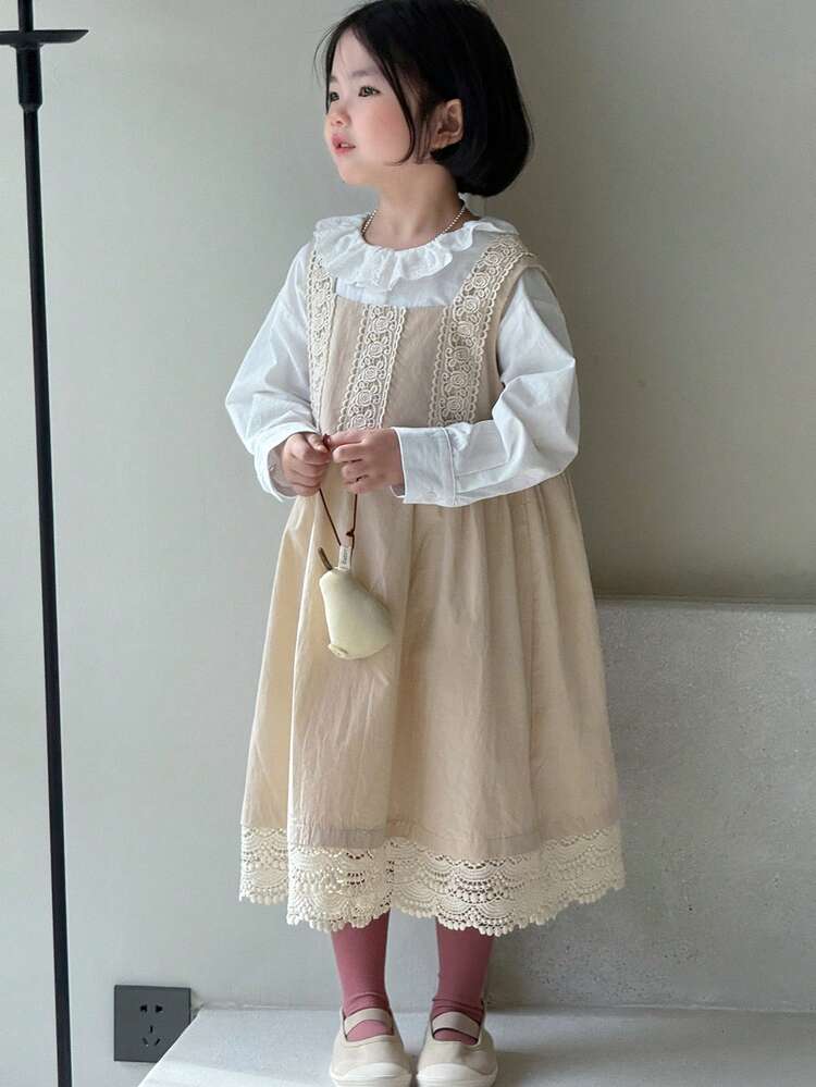 2pcs/Set Young Girl Girls Round Neck Long Sleeve Woven Shirt + Jumper Dress, Spring/Summer