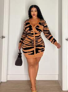 Maweii Plus Size Women Zebra Stripe V-Neck Long Sleeve Button Bodycon Sweater Dress, Autumn/Winter - Rust Brown - View 3