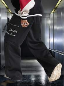 Manfinity VCAY Men's Letter Print Drawstring Waist Loose Fit Casual Wide Leg Knit Sweatpants Graphic Going Out Straight Leg Sweatpants, For Husband, Boyfriend Gifts - Black - View 2