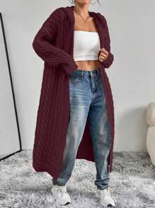 SHEIN Unity Fashion Versatile Solid Color Hooded Long Cardigan, Autumn/Winter - Red - View 3