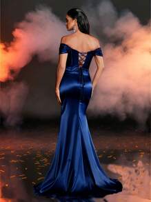 Glamrae 优雅奢华海军蓝露肩袖奢华水钻褶皱弹力缎面鱼骨缝线开叉美人鱼下摆连衣裙，适合婚礼、单身派对、度假、舞会、晚礼服（装饰） - 藏蓝色 - 查看 3