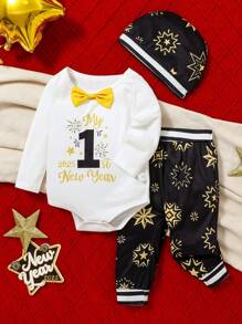 1st New Year 3pcs/Set Baby Boy Bodysuit, Pants, Hat, Holiday Festive Color-Blocking & Pattern, White With Black & Gold