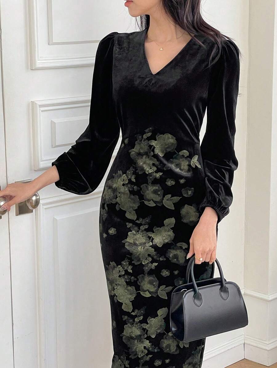 DAZY 女士中长款天鹅绒连衣裙，收腰设计，适合作为外套内的分层单品，秋季连衣裙长袖连衣裙 - 黑色 - 查看 1