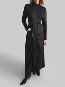 Ontre Women's Black New Year Spring Satin Solid Stand Collar Long Sleeve Pocket Casual Dress - Black - View 2