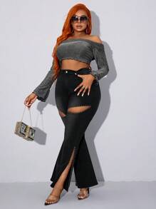 SHEIN Essnce 大码女式口袋破洞喇叭休闲百搭牛仔裤 - 黑色 - 查看 5