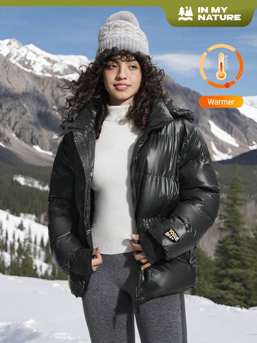 In My Nature Women Outdoor Sports Casual Urban Commute Super Warm Self-Heating Padded Coat, Shiny Black Winter Women Tops