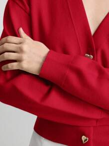 Ontre 优雅心形正面纽扣红色女式冬季服装开衫 - 紅色 - 查看 8