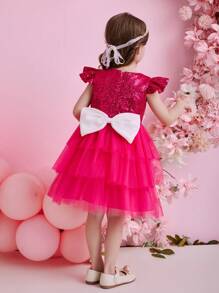Glamorique Kids Robe de princesse pour banquet et fête de jeune fille, 4 saisons. Robe en tulle et maille sequinée fuchsia, costume de performance adorable - Rose vif - Voir 1