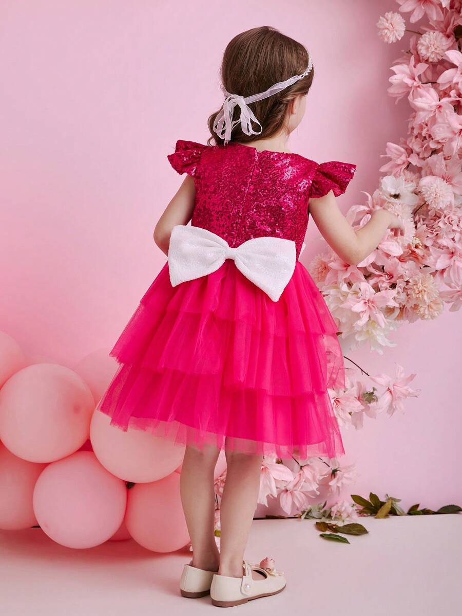 Glamorique Kids Robe de princesse pour banquet et fête de jeune fille, 4 saisons. Robe en tulle et maille sequinée fuchsia, costume de performance adorable - Rose vif - Voir 1