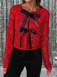 Ellevyn Lace-Up Two-Way Wear Sequin Christmas Jacket, Elegant For Party In Autumn/Winter - Red - View 10