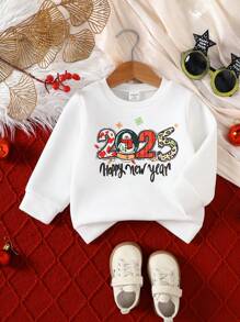 Toddler Boys' 2025 New Year Festival Letter Print Long Sleeve Fleece Crew Neck Sweatshirt, Baby Boy White Hoodie