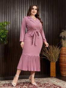 Modelyn Plus Size Solid Color Button Down Long Sleeve Tie Front Casual Dress