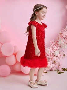 Glamorique Kids Vestito da festa di Natale per ragazze, abito da cerimonia per bambini, abito da Ognissanti, vestito da ballo, vestito rosso da bambina con paillettes e perline in rete con balze, adatto per esibizioni, stile europeo e americano di lusso per festa di vacanza - Rosso - Visualizzare 3