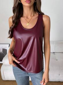 INAWLY Women Casual Fashion Classic Versatile Anchor Red Business PU Leather Sleeveless Tank Top - Red - View 1