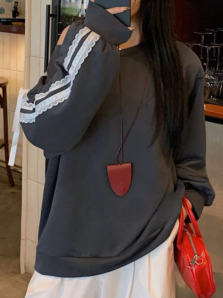 Women's Oblique Shoulder Long Sleeve Solid Color Patchwork Casual Sweatshirt,Fall Clothes
