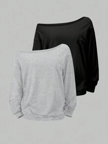 2pcs Plus Size Oblique Shoulder Sweatshirt Set, Loose Fit, Spring/Autumn - Multicolor - View 1