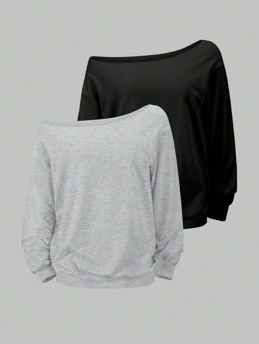 2pcs Plus Size Oblique Shoulder Sweatshirt Set, Loose Fit, Spring/Autumn - Multicolor - View 1