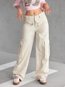 SHEIN EZwear 女士休闲纯色阔腿工装牛仔裤 - 杏色 - 查看 7