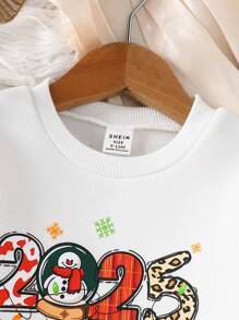Toddler Boys' 2025 New Year Festival Letter Print Long Sleeve Fleece Crew Neck Sweatshirt, Baby Boy White Hoodie