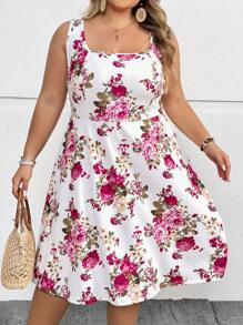 SHEIN CURVE+ 大码女式花卉印花无袖优雅约会迷你连衣裙，适合夏季 - 彩色 - 查看 4
