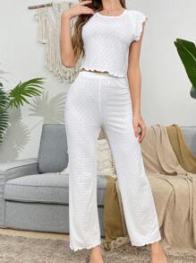 Ensemble de pyjama pour femme avec applique nœud, manches raglan et garniture de volants