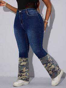 SHEIN SXY Plus Size Women Camouflage Patchwork Stretch Skinny Jeans Summer - Dark Wash - View 5