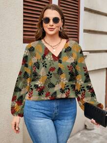EMERY ROSE 女士休闲植物印花灯笼袖衬衫，适合秋冬季节的时尚女式衬衫，休闲百搭。 - 彩色 - 查看 4