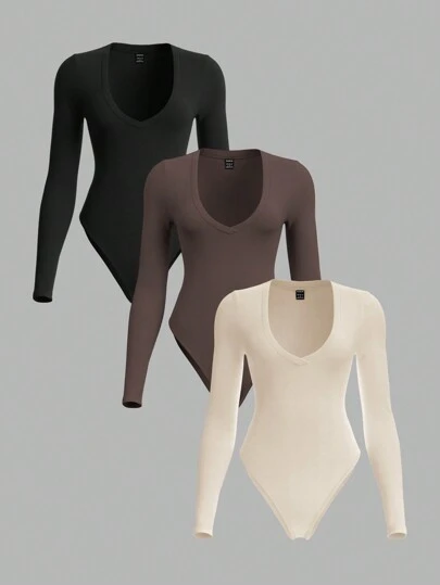 SHEIN BASICS 3pcs Plain Knit Bodysuit Set, Body-Hugging Long Sleeve Sweetheart Collar For Women, Casual Style/Sping