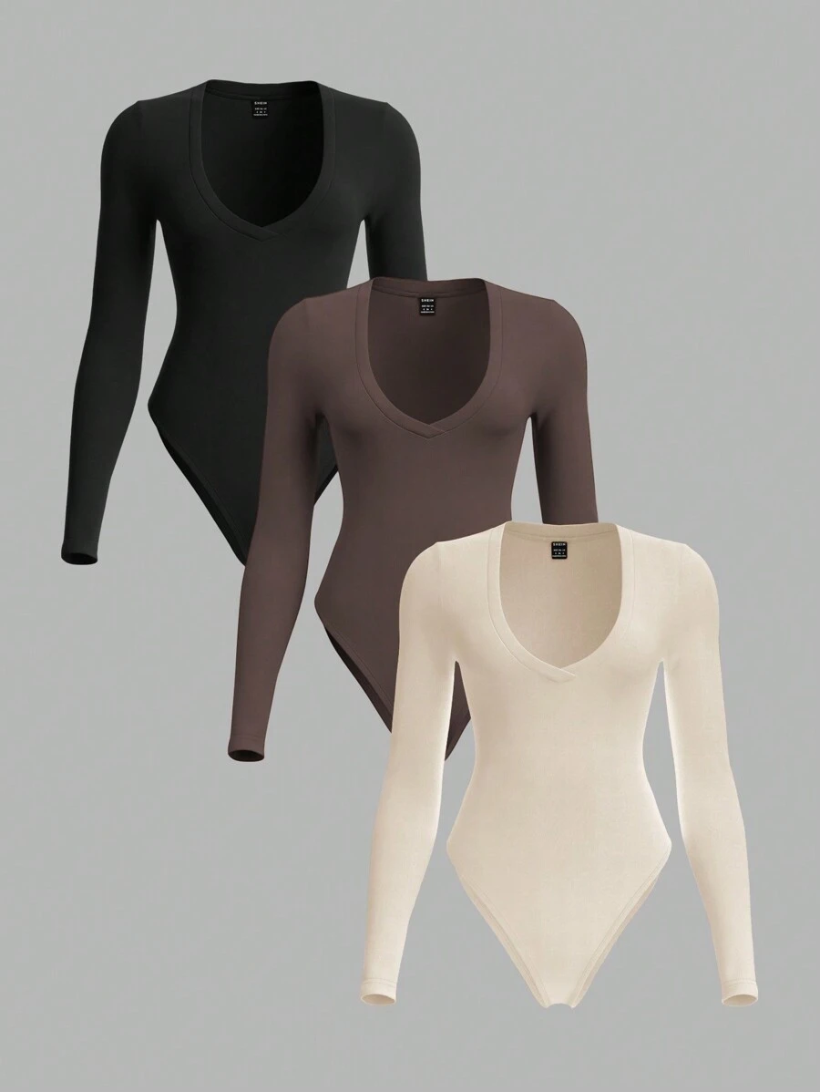 SHEIN BASICS Bộ đồ liền thân dệt kim trơn 3 món, ôm sát cơ thể, cổ áo trái tim dài tay cho nữ, phong cách thường ngày - Màu be - Xem 1