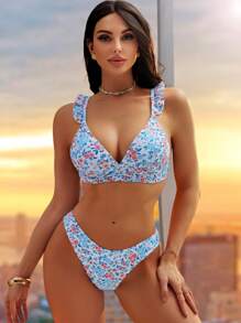 SHEIN Swim Fresh Style Floral Frill Strap Women Swimwear Set Summer - Multicolor - View 4