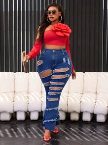 Slaydiva Plus Size Front Button Pocket Ripped Simple Denim Jeans, Casual Daily Wear - Blue - View 5