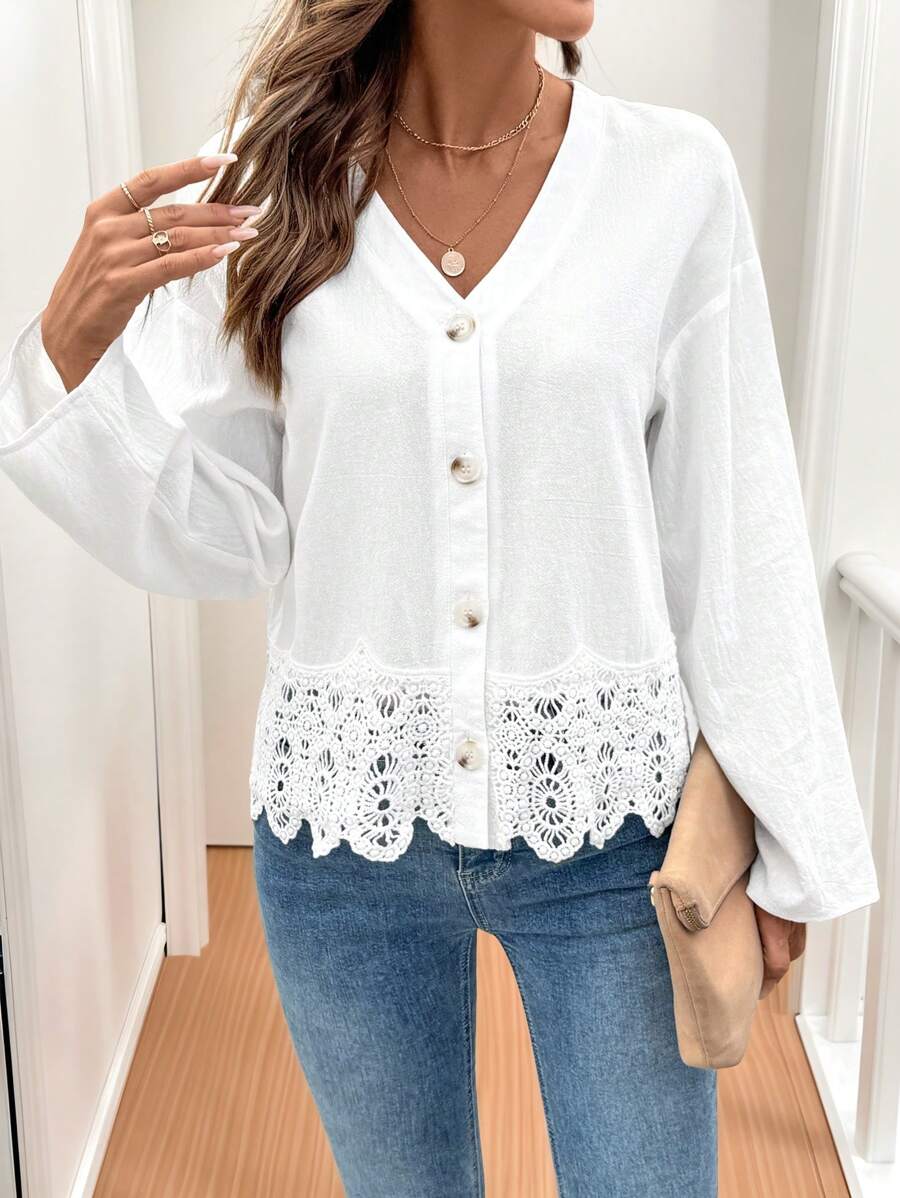 SHEIN VCAY Áo len cardigan hở vai họa tiết hoa ren thường ngày cho nữ, mùa thu/đông - Màu be - Xem 1