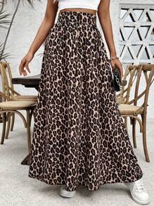 SHEIN PETITE Falda larga de cintura ceñida y estampado de leopardo en corte evasé para mujeres, para otoño/primavera