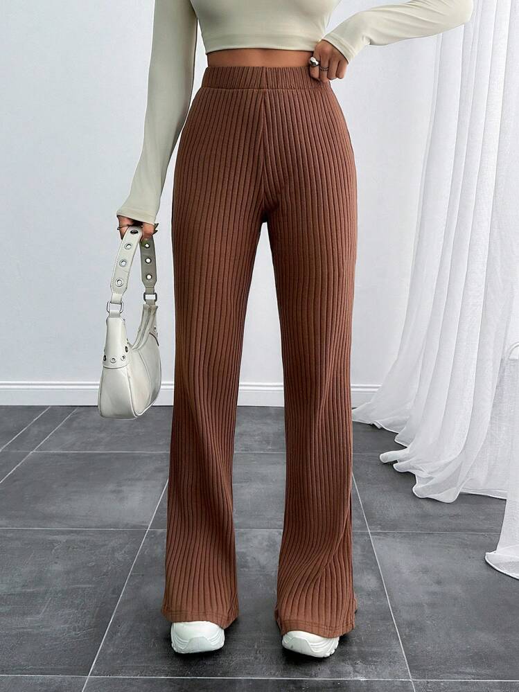 RueChic Women's Solid High Quality Casual Rib-Knit Pants | SHEIN USA