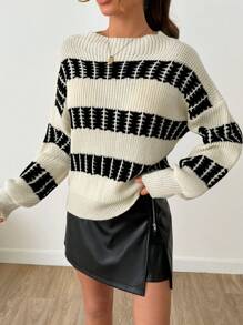 EURMUSE 宽松侧条纹针织毛衣 - 黑與白 - 查看 4