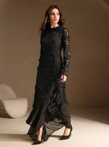 Anewsta White Lace 3D Floral Mermaid Hem Dress - Black - View 5