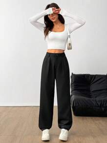 Chiquease Pantalones casuales sólidos con botones delanteros simples para uso diario de mujer