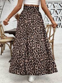 SHEIN PETITE Falda larga de cintura ceñida y estampado de leopardo en corte evasé para mujeres, para otoño/primavera