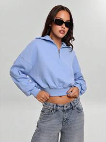 EURMUSE 100% Cotton Collar With Zipper Pattern Oversize Sweatshirt - Baby Blue - View 5